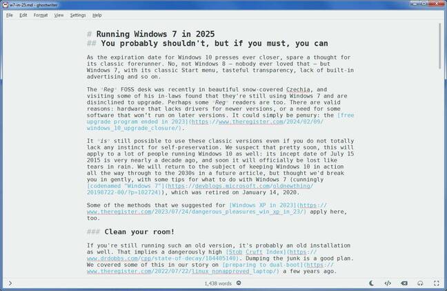 Ghostwriter makes distraction-free Markdown a breeze, including dark mode and a live preview. Ghostwriter makes distraction-free Markdown a breeze, including dark mode and a live preview.