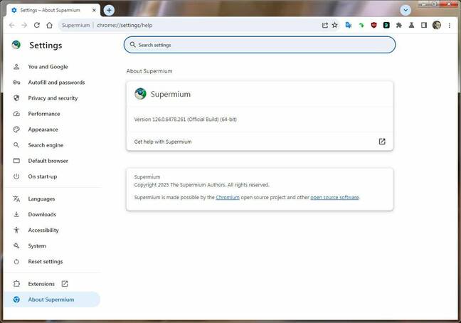 Supermium brings you more modern versions of Chromium than Mountain View deigns to. Supermium brings you more modern versions of Chromium than Mountain View deigns to.